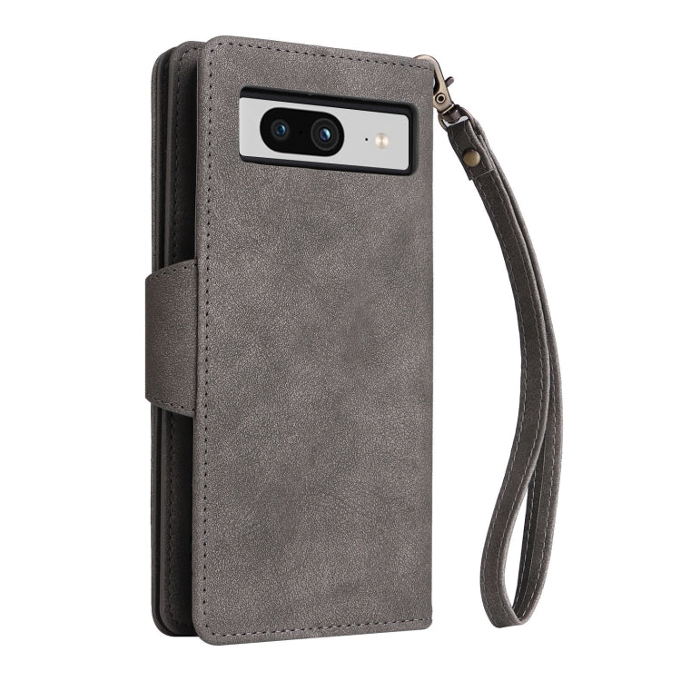 For Google Pixel 8 Rivet Buckle 9 Cards Three Fold Leather Phone Case(Grey) - Google Cases by PMC TechLife | Online Shopping South Africa | PMC TechLife | Buy Now Pay Later Mobicred