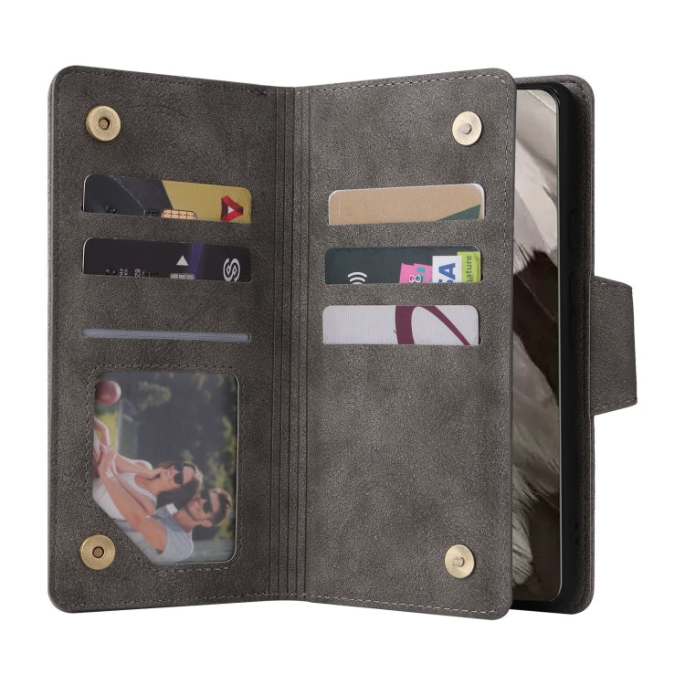 For Google Pixel 8 Rivet Buckle 9 Cards Three Fold Leather Phone Case(Grey) - Google Cases by PMC TechLife | Online Shopping South Africa | PMC TechLife | Buy Now Pay Later Mobicred