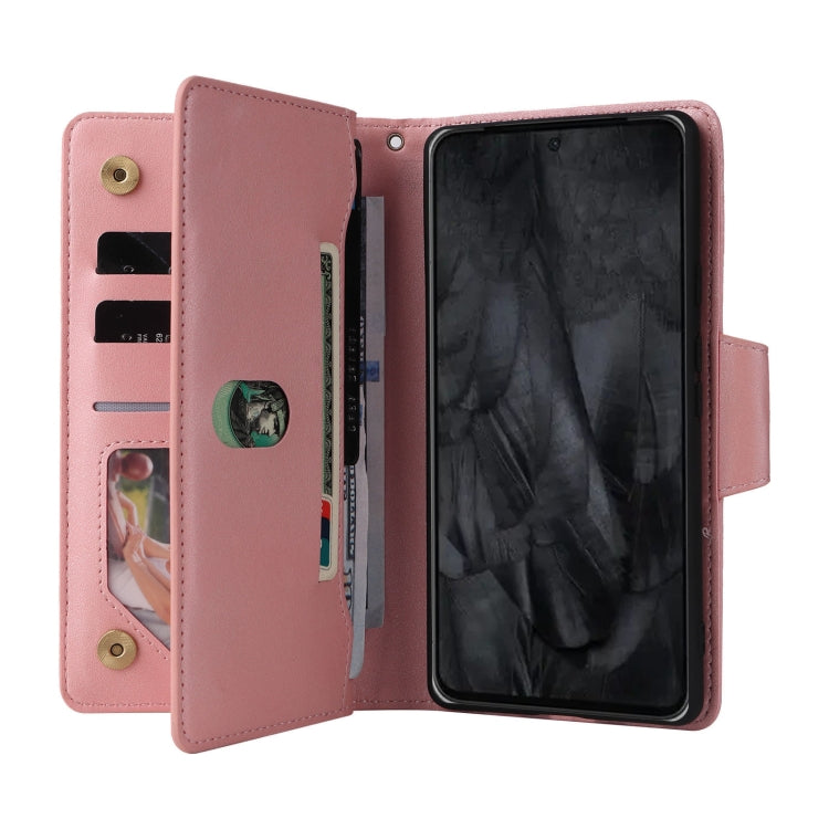 For Google Pixel 8 Pro Rivet Buckle 9 Cards Three Fold Leather Phone Case(Rose Gold) - Google Cases by PMC TechLife | Online Shopping South Africa | PMC TechLife | Buy Now Pay Later Mobicred