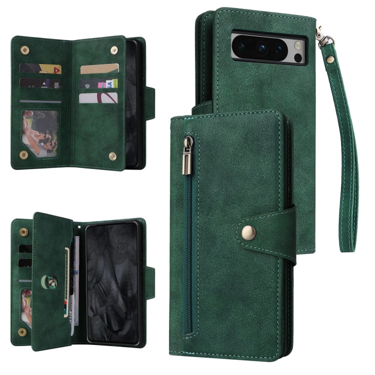 For Google Pixel 8 Pro Rivet Buckle 9 Cards Three Fold Leather Phone Case(Green) - Google Cases by PMC TechLife | Online Shopping South Africa | PMC TechLife | Buy Now Pay Later Mobicred