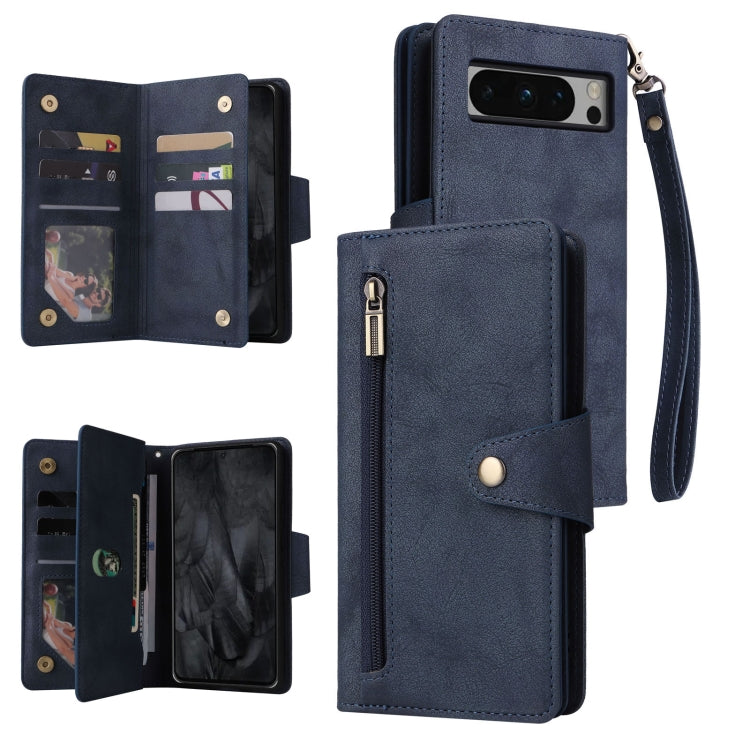 For Google Pixel 8 Pro Rivet Buckle 9 Cards Three Fold Leather Phone Case(Blue) - Google Cases by PMC TechLife | Online Shopping South Africa | PMC TechLife | Buy Now Pay Later Mobicred