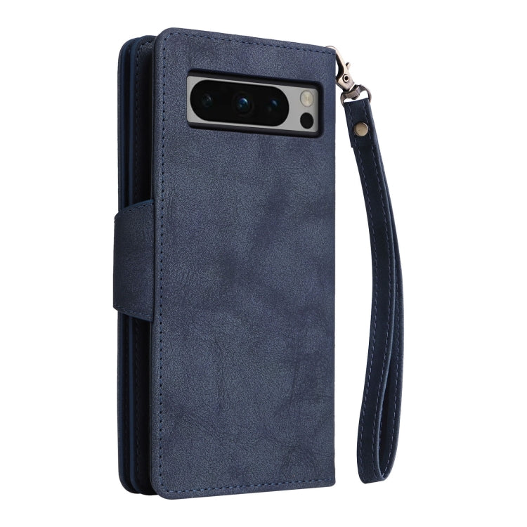 For Google Pixel 8 Pro Rivet Buckle 9 Cards Three Fold Leather Phone Case(Blue) - Google Cases by PMC TechLife | Online Shopping South Africa | PMC TechLife | Buy Now Pay Later Mobicred