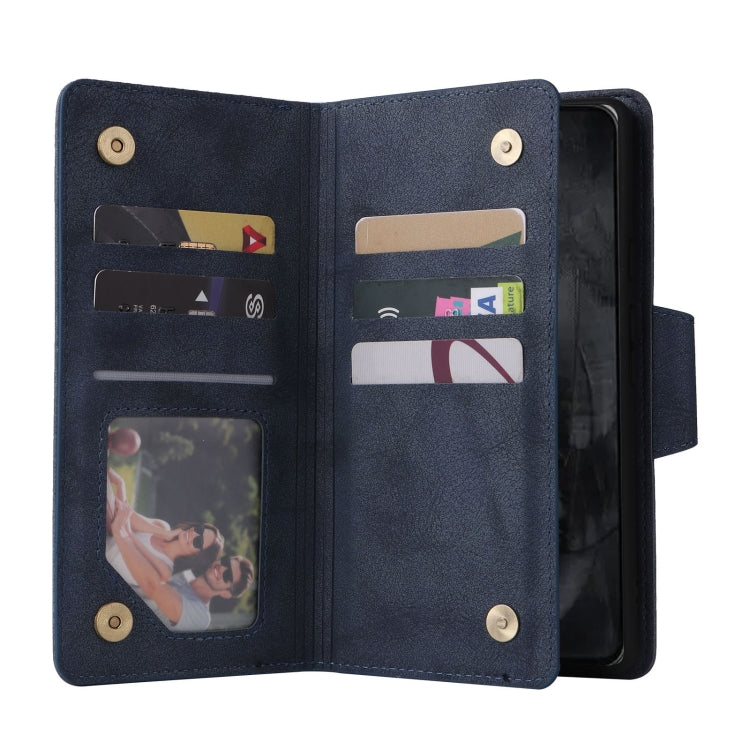 For Google Pixel 8 Pro Rivet Buckle 9 Cards Three Fold Leather Phone Case(Blue) - Google Cases by PMC TechLife | Online Shopping South Africa | PMC TechLife | Buy Now Pay Later Mobicred