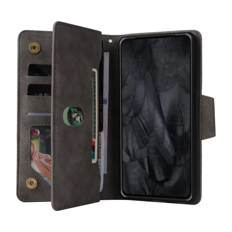For Google Pixel 8 Pro Rivet Buckle 9 Cards Three Fold Leather Phone Case(Grey) - Google Cases by PMC TechLife | Online Shopping South Africa | PMC TechLife | Buy Now Pay Later Mobicred