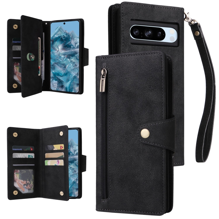 For Google Pixel 8a Rivet Buckle 9 Cards Three Fold Leather Phone Case(Black) - Google Cases by PMC TechLife | Online Shopping South Africa | PMC TechLife | Buy Now Pay Later Mobicred