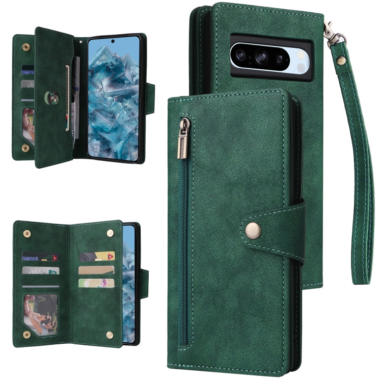 For Google Pixel 8a Rivet Buckle 9 Cards Three Fold Leather Phone Case(Green) - Google Cases by PMC TechLife | Online Shopping South Africa | PMC TechLife | Buy Now Pay Later Mobicred