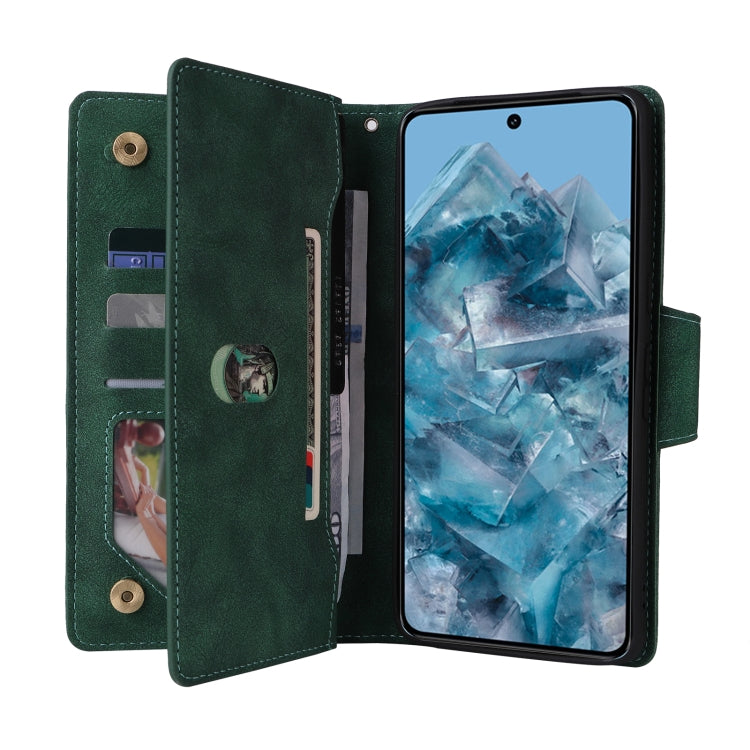 For Google Pixel 8a Rivet Buckle 9 Cards Three Fold Leather Phone Case(Green) - Google Cases by PMC TechLife | Online Shopping South Africa | PMC TechLife | Buy Now Pay Later Mobicred