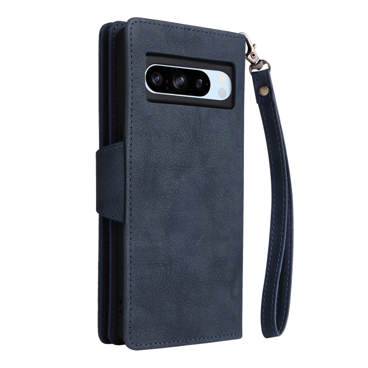For Google Pixel 8a Rivet Buckle 9 Cards Three Fold Leather Phone Case(Blue) - Google Cases by PMC TechLife | Online Shopping South Africa | PMC TechLife | Buy Now Pay Later Mobicred