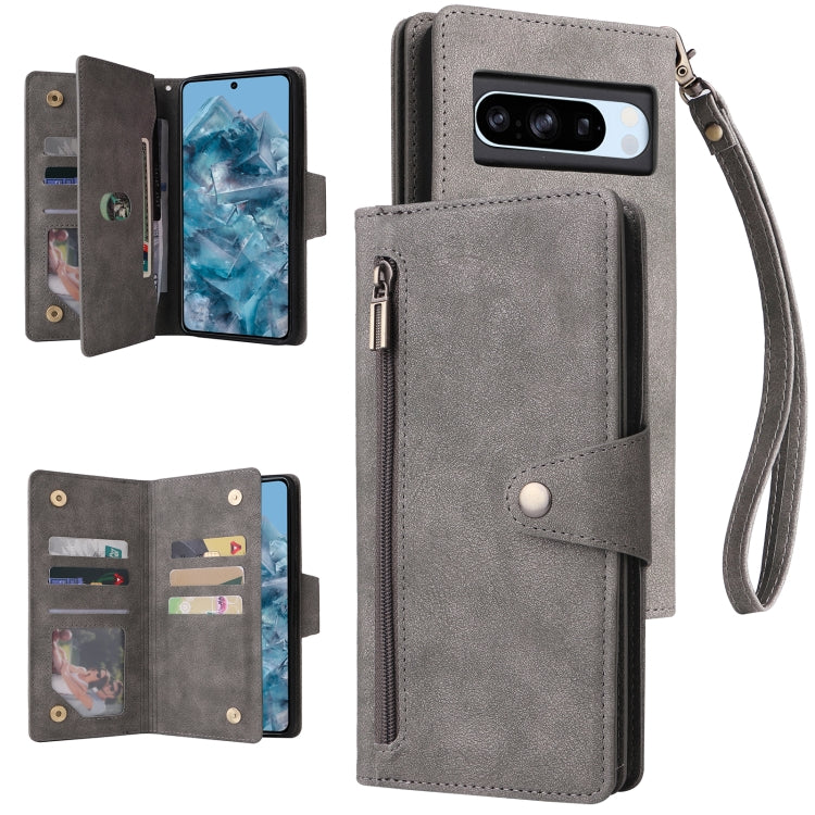 For Google Pixel 8a Rivet Buckle 9 Cards Three Fold Leather Phone Case(Grey) - Google Cases by PMC TechLife | Online Shopping South Africa | PMC TechLife | Buy Now Pay Later Mobicred