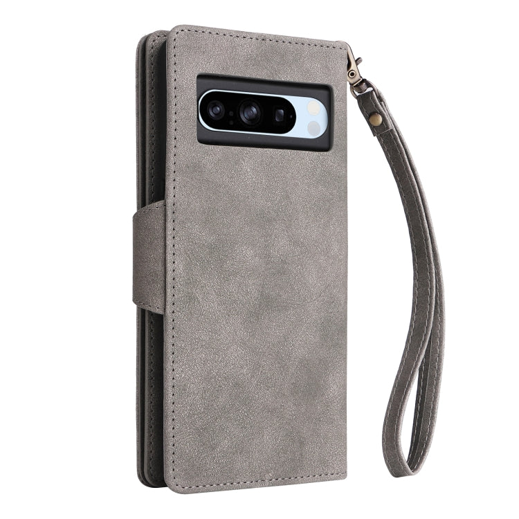 For Google Pixel 8a Rivet Buckle 9 Cards Three Fold Leather Phone Case(Grey) - Google Cases by PMC TechLife | Online Shopping South Africa | PMC TechLife | Buy Now Pay Later Mobicred