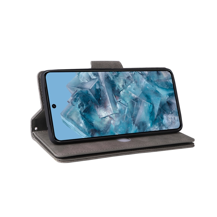 For Google Pixel 8a Rivet Buckle 9 Cards Three Fold Leather Phone Case(Grey) - Google Cases by PMC TechLife | Online Shopping South Africa | PMC TechLife | Buy Now Pay Later Mobicred