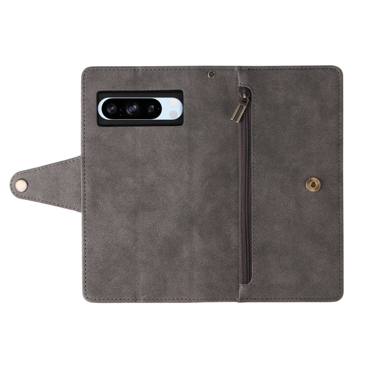 For Google Pixel 8a Rivet Buckle 9 Cards Three Fold Leather Phone Case(Grey) - Google Cases by PMC TechLife | Online Shopping South Africa | PMC TechLife | Buy Now Pay Later Mobicred
