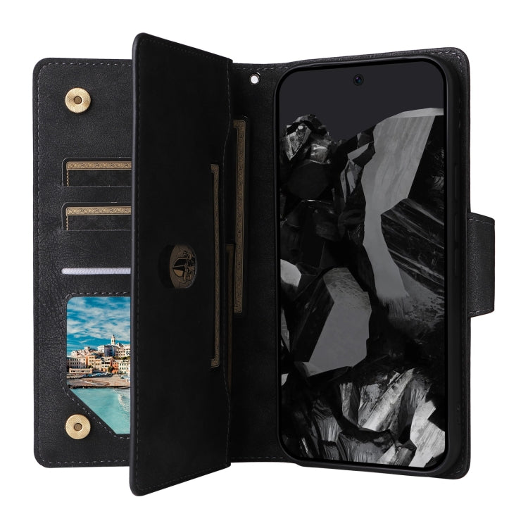 For Google Pixel 9 Pro Rivet Buckle 9 Cards Three Fold Leather Phone Case(Black) - Google Cases by PMC TechLife | Online Shopping South Africa | PMC TechLife | Buy Now Pay Later Mobicred