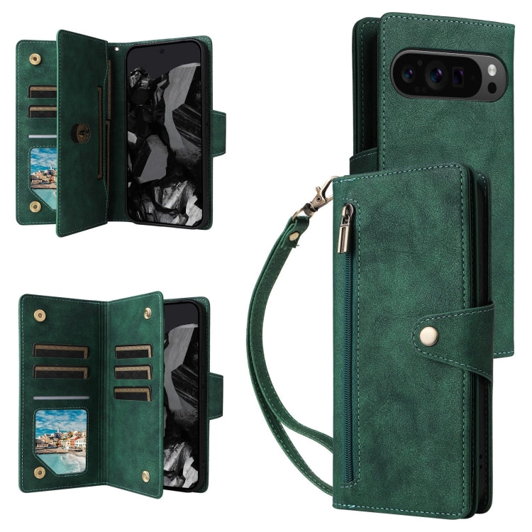 For Google Pixel 9 Pro Rivet Buckle 9 Cards Three Fold Leather Phone Case(Green) - Google Cases by PMC TechLife | Online Shopping South Africa | PMC TechLife | Buy Now Pay Later Mobicred