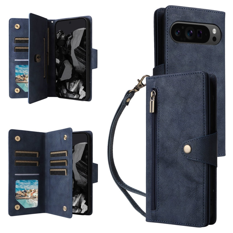 For Google Pixel 9 Pro Rivet Buckle 9 Cards Three Fold Leather Phone Case(Blue) - Google Cases by PMC TechLife | Online Shopping South Africa | PMC TechLife | Buy Now Pay Later Mobicred