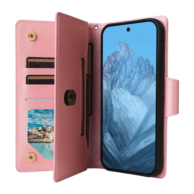 For Google Pixel 9 Rivet Buckle 9 Cards Three Fold Leather Phone Case(Rose Gold) - Google Cases by PMC TechLife | Online Shopping South Africa | PMC TechLife | Buy Now Pay Later Mobicred