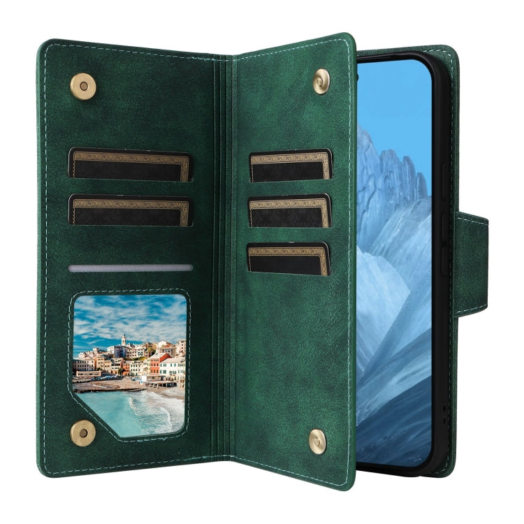 For Google Pixel 9 Rivet Buckle 9 Cards Three Fold Leather Phone Case(Green) - Google Cases by PMC TechLife | Online Shopping South Africa | PMC TechLife | Buy Now Pay Later Mobicred
