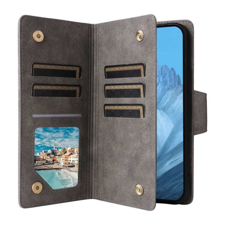 For Google Pixel 9 Rivet Buckle 9 Cards Three Fold Leather Phone Case(Grey) - Google Cases by PMC TechLife | Online Shopping South Africa | PMC TechLife | Buy Now Pay Later Mobicred