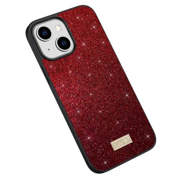 For iPhone 15 Plus SULADA Glittery PC Hybrid TPU Handmade Leather Phone Case(Red)