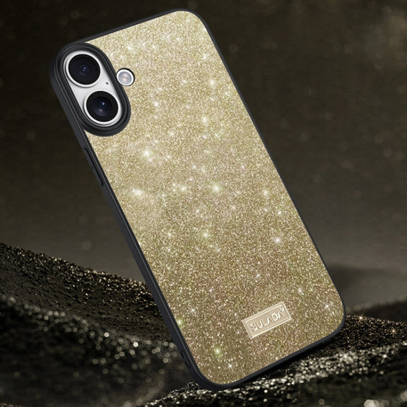 For iPhone 16 SULADA Glittery PC Hybrid TPU Handmade Leather Phone Case(Gold)