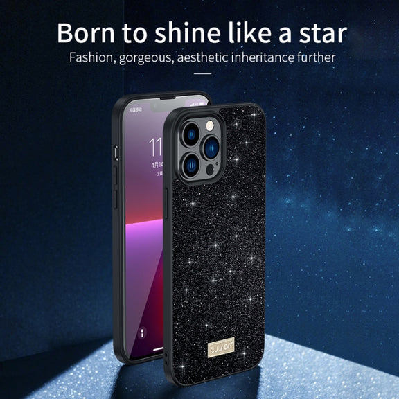 For iPhone 16 SULADA Glittery PC Hybrid TPU Handmade Leather Phone Case(Purple)