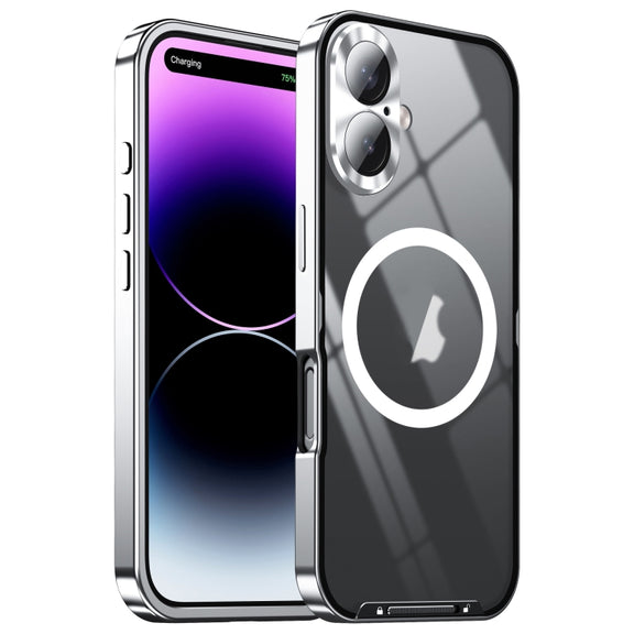 For iPhone 16 Frosted MagSafe Magnetic Metal Phone Case(Silver)