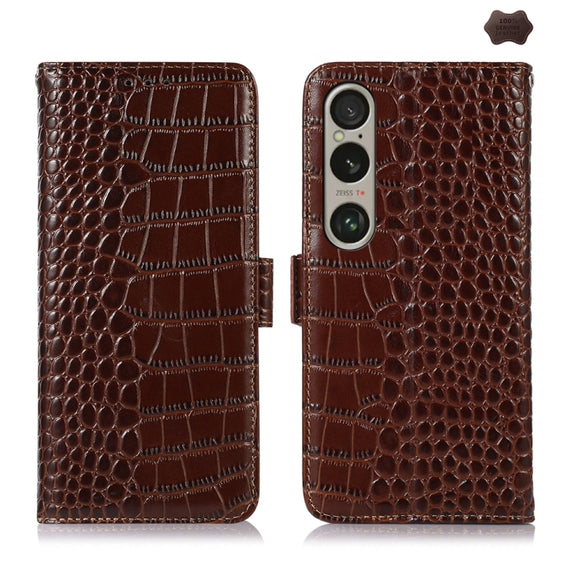 For Sony Xperia 1 VI Crocodile Top Layer Cowhide Leather Phone Case(Brown)