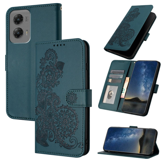 For Motorola Moto G Stylus 5G 2024 Datura Flower Embossed Flip Leather Phone Case(Dark Green)
