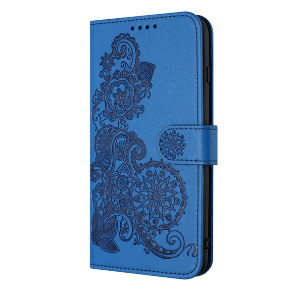For Samsung Galaxy S22 Datura Flower Embossed Flip Leather Phone Case(Blue)