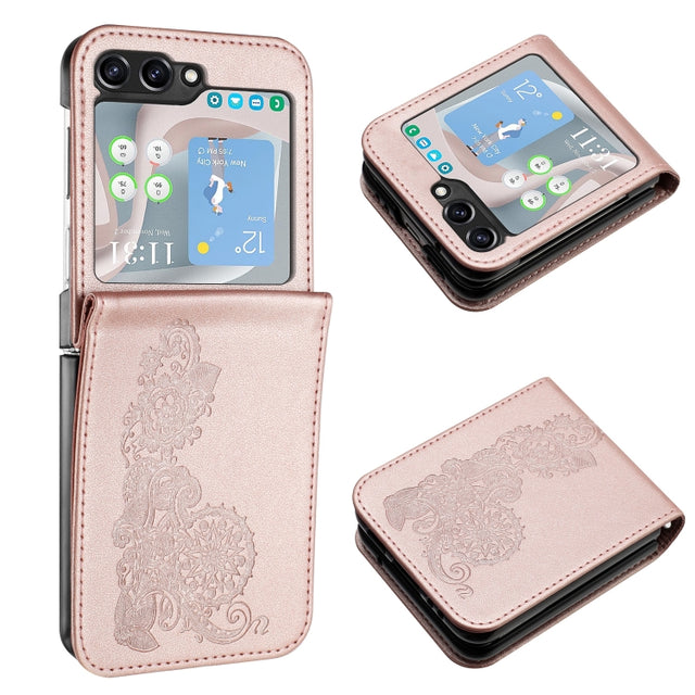 For Samsung Galaxy Z Flip5 5G Datura Flower Embossed Flip Leather Phone Case(Rose Gold)