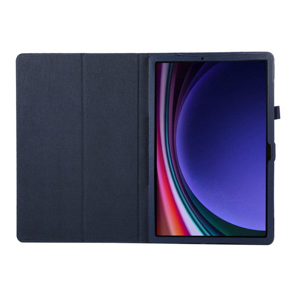 For Samsung Galaxy Tab S9 Ultra Litchi Texture Leather Tablet Case with Holder(Dark Blue)
