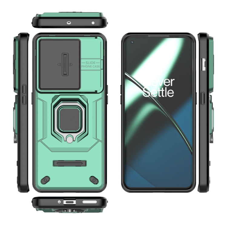 For OnePlus 11 5G Sliding Camshield TPU + PC Shockproof Phone Case with Holder(Green) - OnePlus Cases by PMC TechLife | Online Shopping South Africa | PMC TechLife | Buy Now Pay Later Mobicred