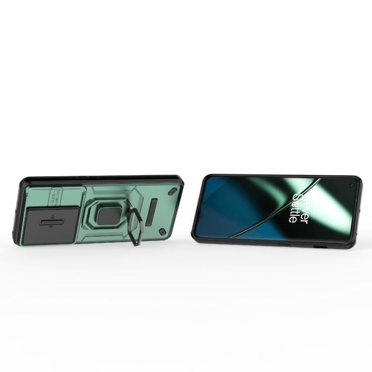 For OnePlus 11 5G Sliding Camshield TPU + PC Shockproof Phone Case with Holder(Green) - OnePlus Cases by PMC TechLife | Online Shopping South Africa | PMC TechLife | Buy Now Pay Later Mobicred