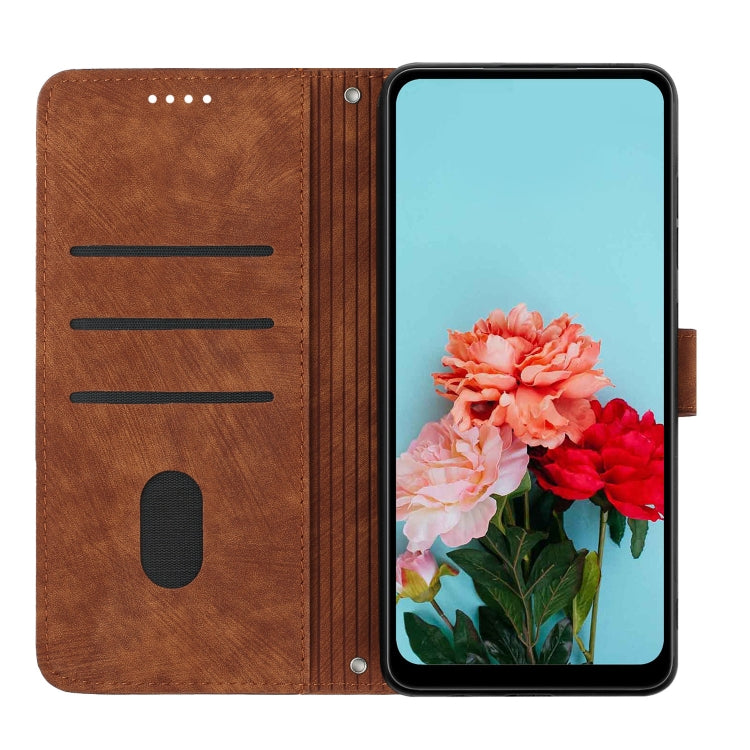 For Motorola Moto G Play 2024 Skin Feel Stripe Pattern Leather Phone Case with Lanyard(Brown)
