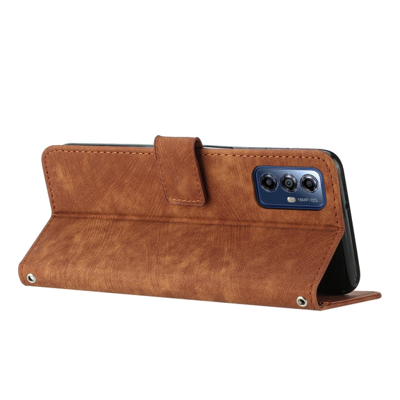 For Motorola Moto G Play 2024 Skin Feel Stripe Pattern Leather Phone Case with Lanyard(Brown)