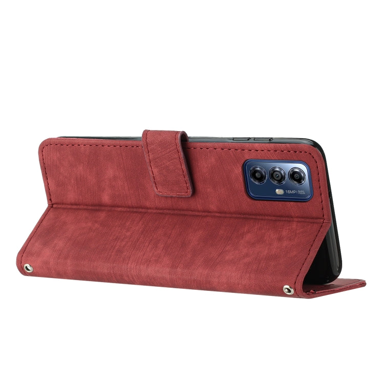 For Motorola Moto G Play 2024 Skin Feel Stripe Pattern Leather Phone Case with Lanyard(Red) - Motorola Cases by PMC Jewellery | Online Shopping South Africa | PMC Jewellery | Buy Now Pay Later Mobicred