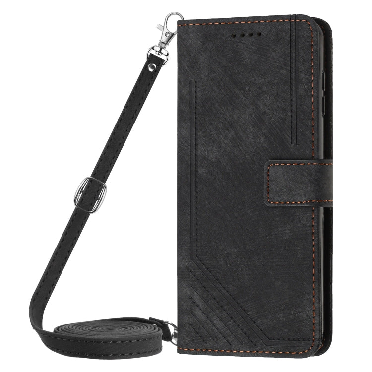 For Motorola Moto G Play 2024 Skin Feel Stripe Pattern Leather Phone Case with Lanyard(Black)