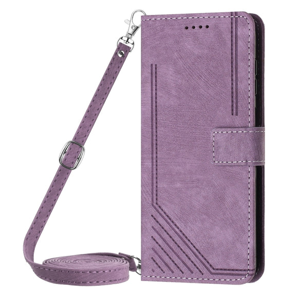 For Motorola Moto G Play 2024 Skin Feel Stripe Pattern Leather Phone Case with Lanyard(Purple)