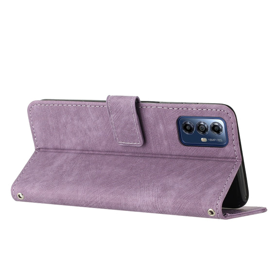 For Motorola Moto G Play 2024 Skin Feel Stripe Pattern Leather Phone Case with Lanyard(Purple)