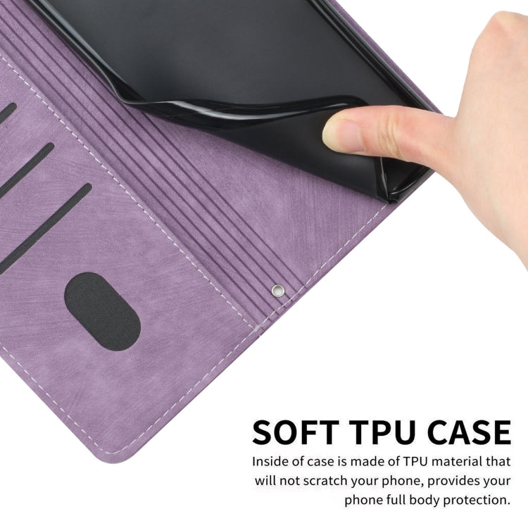 For Motorola Moto G Play 2024 Skin Feel Stripe Pattern Leather Phone Case with Lanyard(Purple)