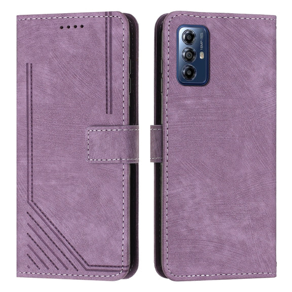 For Motorola Moto G Play 2024 Skin Feel Stripe Pattern Leather Phone Case with Lanyard(Purple)