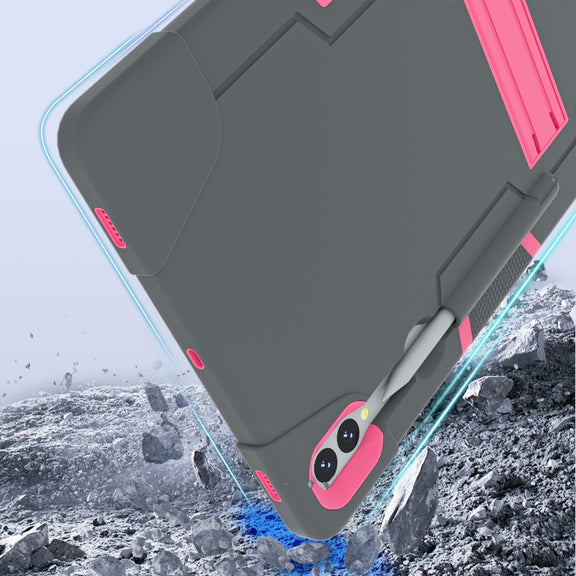 For Samsung Galaxy Tab S9+ Contrast Color Silicone PC Tablet Case with Holder(Grey + Rose Red)