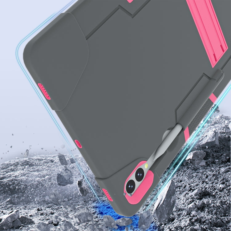 For Samsung Galaxy Tab S9+ Contrast Color Silicone PC Tablet Case with Holder(Grey + Rose Red)