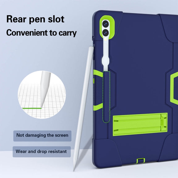 For Samsung Galaxy Tab S9+ Contrast Color Silicone PC Tablet Case with Holder(Navy Blue + Green)