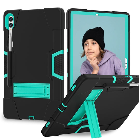 For Samsung Galaxy Tab S9+ Contrast Color Silicone PC Tablet Case with Holder(Black + Mint Green)