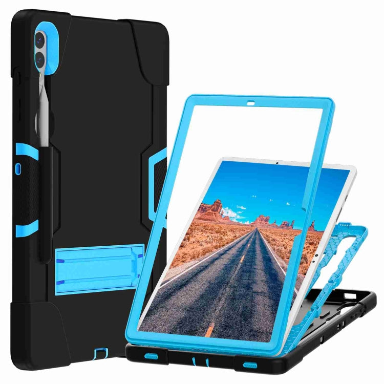For Samsung Galaxy Tab S9+ Contrast Color Silicone PC Tablet Case with Holder(Black + Blue)