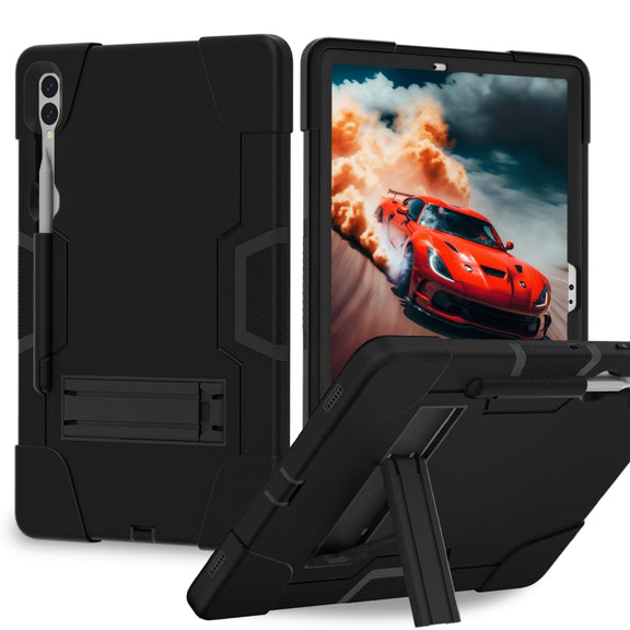 For Samsung Galaxy Tab S9+ Contrast Color Silicone PC Tablet Case with Holder(Black)