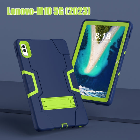 For Lenovo Tab M10 5G 10.6 inch Contrast Color Silicone PC Tablete Case with Holder(Navy Blue + Green)