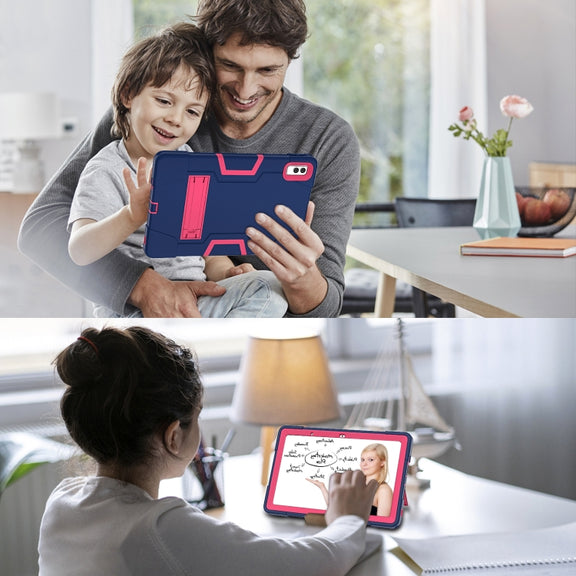 For Lenovo Tab M10 5G 10.6 inch Contrast Color Silicone PC Tablete Case with Holder(Navy Blue + Rose Red)
