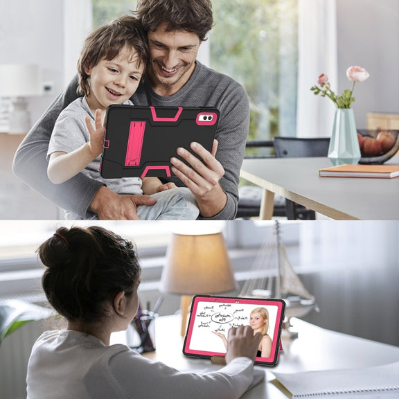 For Lenovo Tab M10 5G 10.6 inch Contrast Color Silicone PC Tablete Case with Holder(Black + Rose Red)